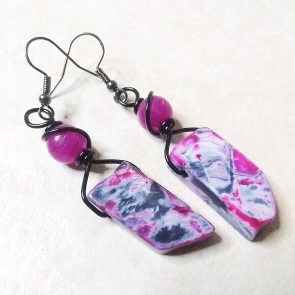 Black Gray & Rose Pink Agate + Sugilite Earrings ~ Wire Wrapped & Unique - Picture 2 of 6